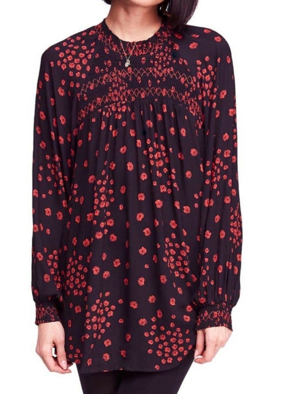 🌹 Free People Flowers in Her Hair Red Floral Print on Black Long Sleeve Blouse